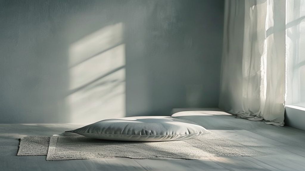 Tranquil indoor space with soft morning light illuminating a meditation cushion and minimalist décor